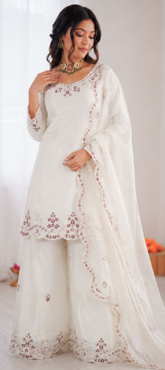 White and Off White color Salwar Kameez in Art Silk fabric with Sequence, Thread work
