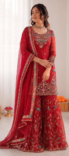 Red and Maroon color Salwar Kameez in Art Silk fabric with Moti, Sequence, Thread work
