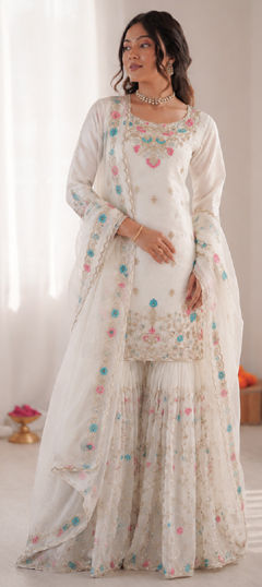 White and Off White color Salwar Kameez in Art Silk fabric with Moti, Sequence, Thread work