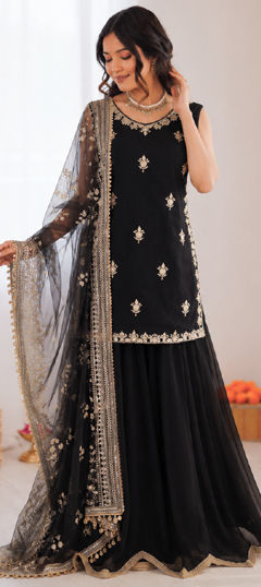 Black and Grey color Salwar Kameez in Georgette fabric with Sequence, Thread work