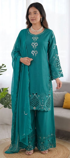 Blue color Salwar Kameez in Crepe Silk fabric with Thread work