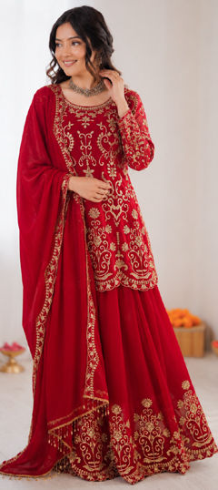 Red and Maroon color Salwar Kameez in Georgette fabric with Sequence, Thread work