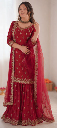 Red and Maroon color Salwar Kameez in Chinon Silk fabric with Sequence, Thread work