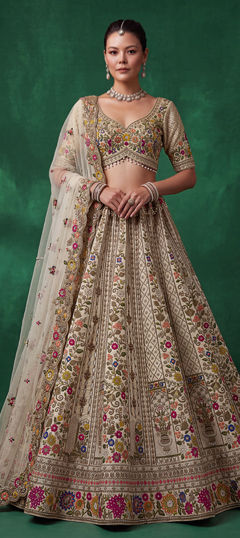 White and Off White color Ready to Wear Lehenga in Silk fabric with Embroidered, Moti, Sequence, Thread, Zari, Zircon work