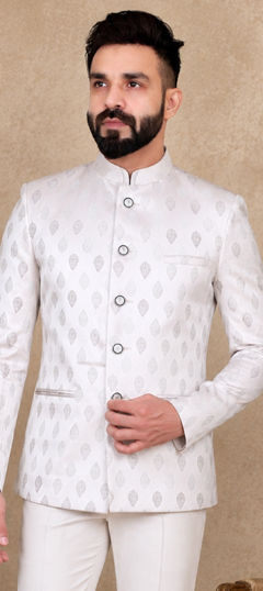White and Off White color Blazer in Jacquard fabric with Weaving work
