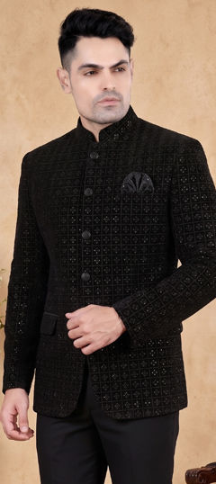 Black and Grey color Blazer in Velvet fabric with Sequence work