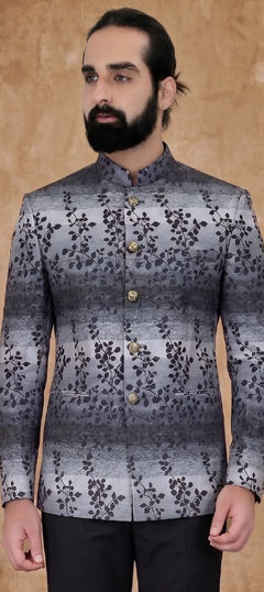 Black and Grey color Blazer in Rayon fabric with Printed work