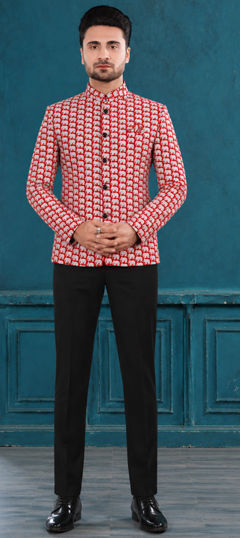 Red and Maroon color Jodhpuri Suit in Rayon fabric with Printed work