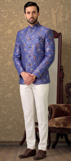 Blue color Jodhpuri Suit in Rayon fabric with Weaving work
