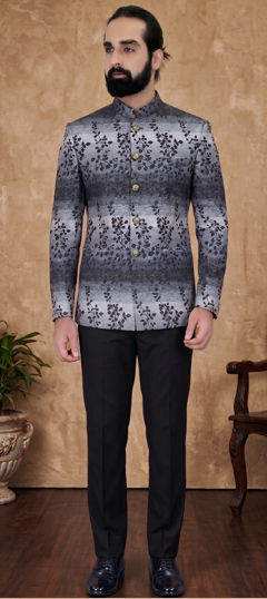 Black and Grey color Jodhpuri Suit in Rayon fabric with Printed work