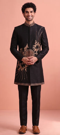 Black and Grey color IndoWestern Dress in Satin Silk fabric with Thread work