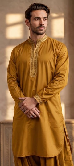 Yellow color Kurta in Blended Cotton fabric with Embroidered work