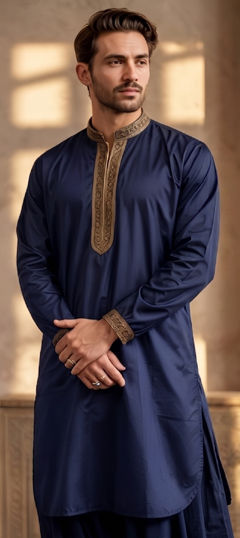Blue color Kurta in Blended Cotton fabric with Embroidered work