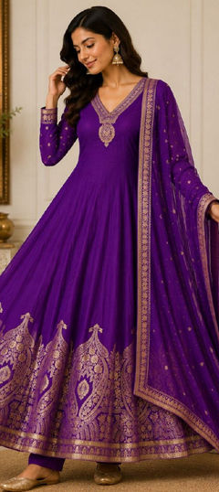 Purple and Violet color Salwar Kameez in Banarasi Silk fabric with Weaving work