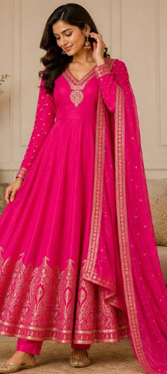 Pink and Majenta color Salwar Kameez in Banarasi Silk fabric with Weaving work