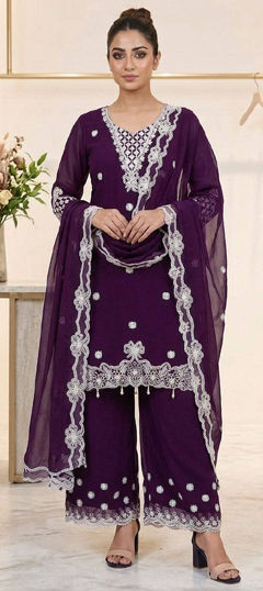 White and Off White color Salwar Kameez in Georgette fabric with Embroidered, Sequence work