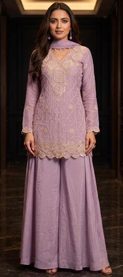 Purple and Violet color Salwar Kameez in Chinon Silk fabric with Bugle Beads work