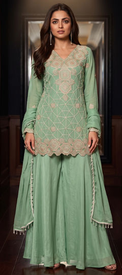 Green color Salwar Kameez in Chinon Silk fabric with Bugle Beads work