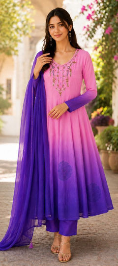 Pink and Majenta, Purple and Violet color Salwar Kameez in Chiffon fabric with Bugle Beads, Embroidered work