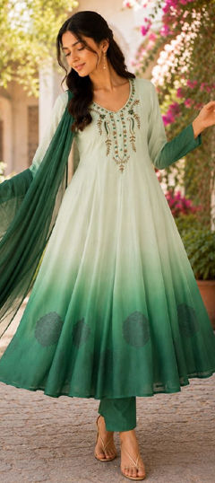 Green color Salwar Kameez in Chiffon fabric with Bugle Beads, Embroidered work