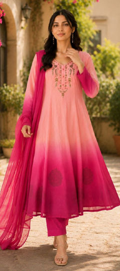 Pink and Majenta color Salwar Kameez in Chiffon fabric with Bugle Beads, Embroidered work