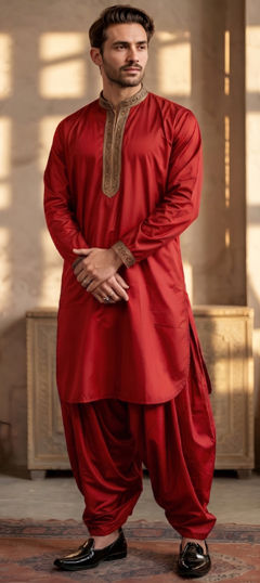 Red and Maroon color Pathani Suit in Blended Cotton fabric with Embroidered work