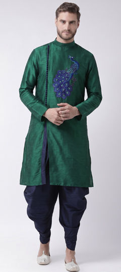 Green color Dhoti Kurta in Dupion Silk fabric with Embroidered work