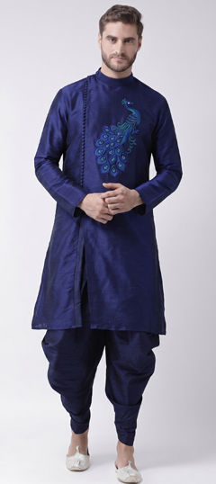 Blue color Dhoti Kurta in Dupion Silk fabric with Embroidered work
