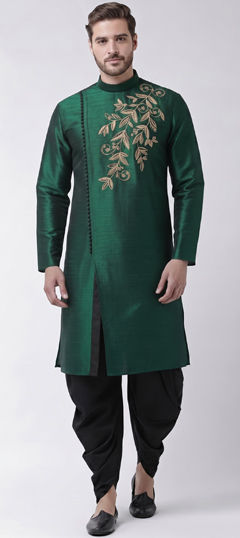 Green color Dhoti Kurta in Dupion Silk fabric with Embroidered work