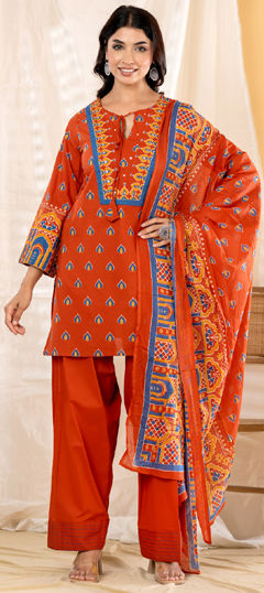 Orange color Salwar Kameez in Cotton fabric with Mirror, Printed work