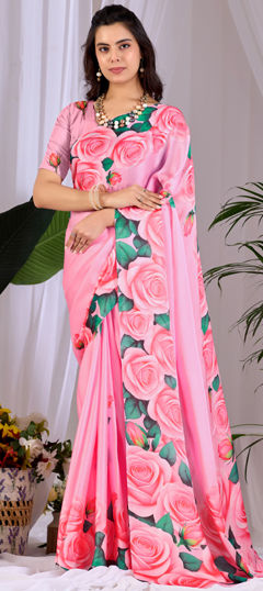 Pink and Majenta color Saree in Satin Silk fabric with Digital Print, Floral work