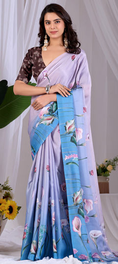 Multicolor color Saree in Satin Silk fabric with Digital Print, Floral work