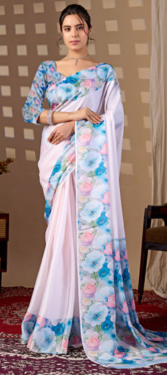 Multicolor color Saree in Satin Silk fabric with Digital Print, Floral work