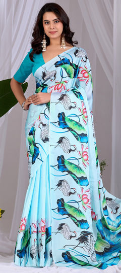 Blue color Saree in Satin Silk fabric with Digital Print, Floral work