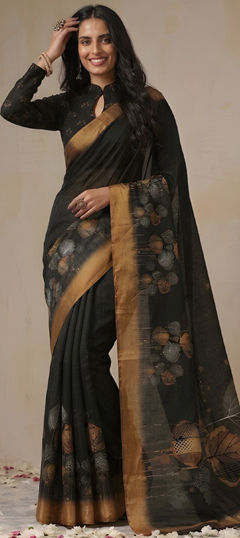 Black and Grey color Saree in Cotton fabric with Printed work