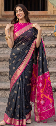 Black and Grey color Saree in Silk fabric with Weaving, Zari work