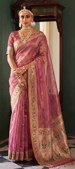 Pink and Majenta color Saree in Tissue fabric with Weaving work