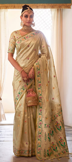 Beige and Brown color Saree in Tissue fabric with Weaving work