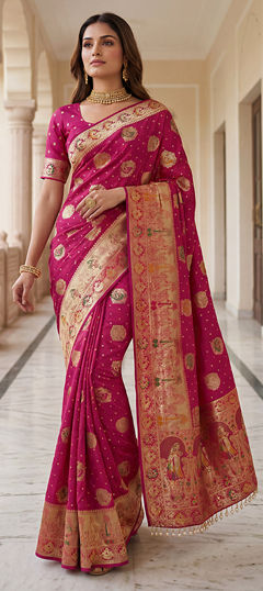 Red and Maroon color Saree in Satin Silk fabric with Weaving work