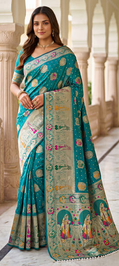 Blue color Saree in Satin Silk fabric with Weaving work