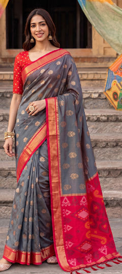 Black and Grey color Saree in Silk fabric with Weaving, Zari work