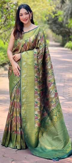 Green color Saree in Silk fabric with Weaving work
