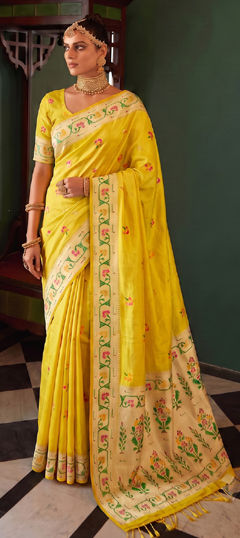 Yellow color Saree in Tissue fabric with Weaving work
