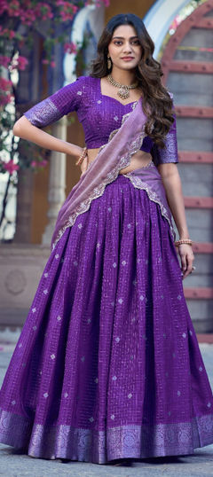 Purple and Violet color Lehenga in Chinon Silk fabric with Weaving, Zari work