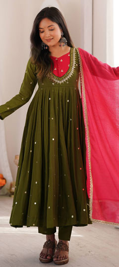 Green color Salwar Kameez in Roman Silk fabric with Mirror, Sequence work