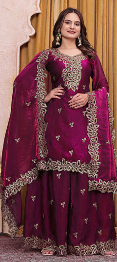 Purple and Violet color Salwar Kameez in Tissue fabric with Embroidered, Sequence work