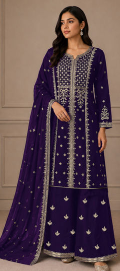Purple and Violet color Salwar Kameez in Faux Georgette fabric with Embroidered work
