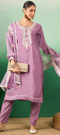 Purple and Violet color Salwar Kameez in Roman Silk fabric with Embroidered work