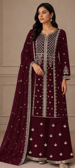 Red and Maroon color Salwar Kameez in Faux Georgette fabric with Embroidered work