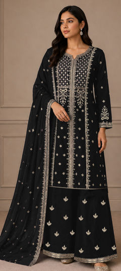 Black and Grey color Salwar Kameez in Faux Georgette fabric with Embroidered work